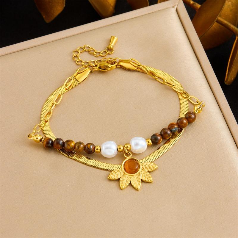 Gold Flower Pendant Tiger s Eye Beaded Herringbone Bracelet