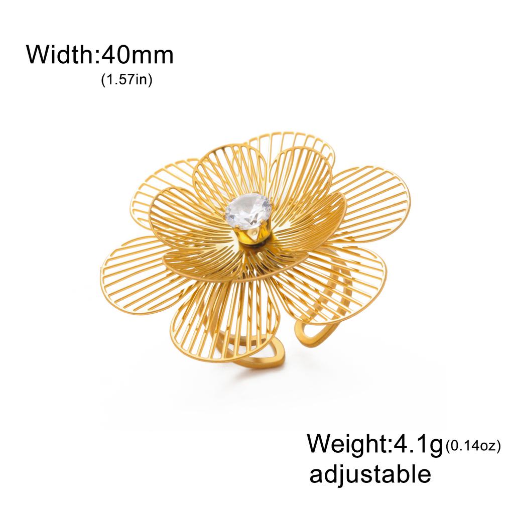 Cazador Big Flower Women's Ring Gold Color Open Rings Stainless Steel Adjustable Jewelry Waterproof Party Wedding Gifts Trendy