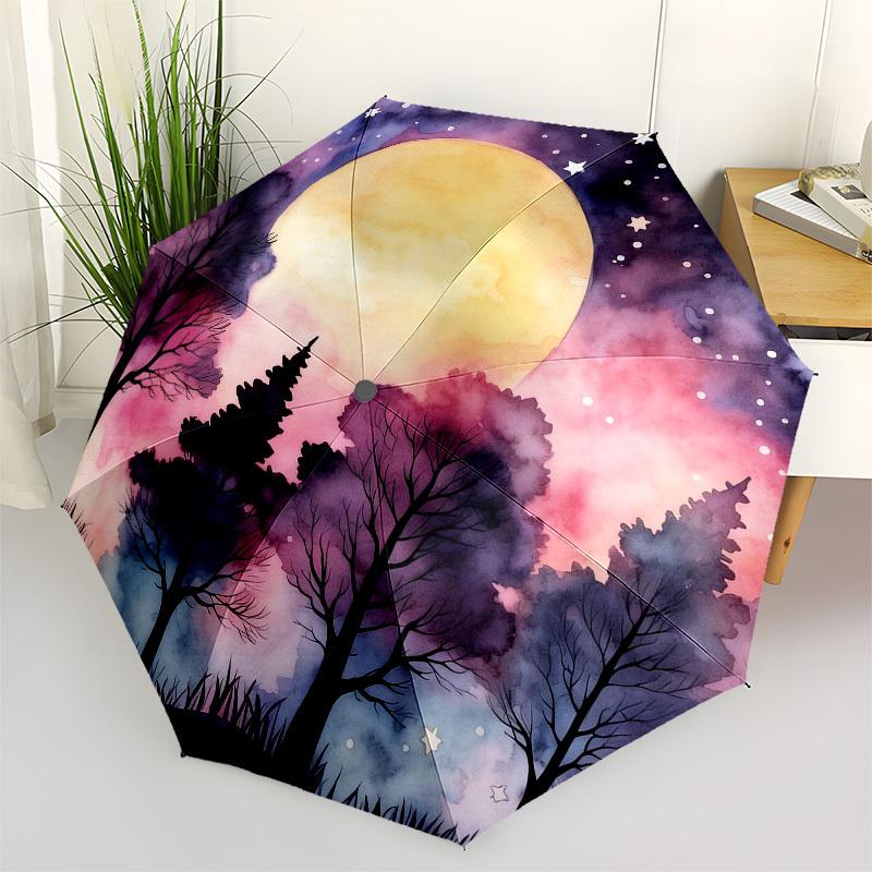1pc Moonlit Forest Automatic Folding Umbrella, Heavy Duty 8 Rib Iron Frame,  Suitable for Travel, Daily Use, Birthday, Decor Gift m0105122