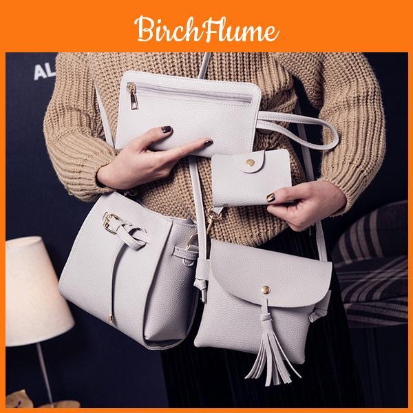 Elegant 4pcs Women Lady Handbag Set In Premium Pu Leather With Adjustable Strap