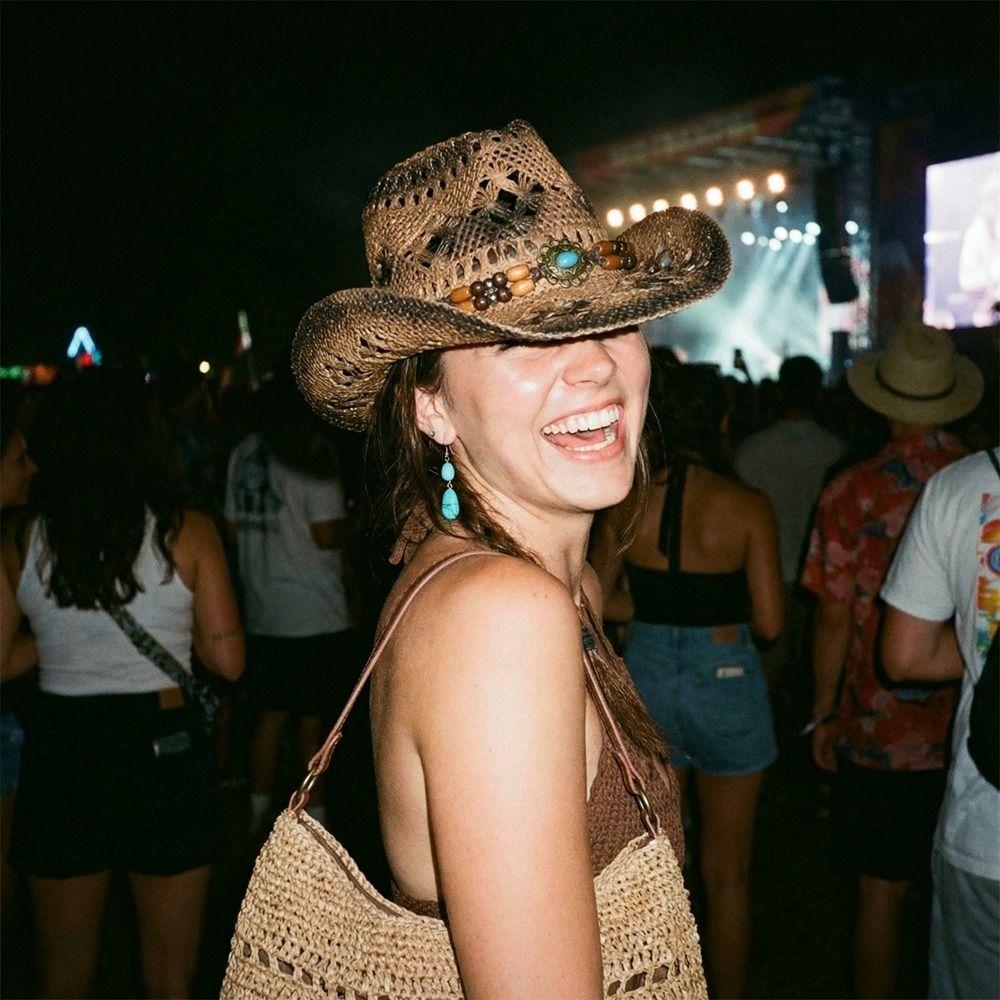 Beads Sunscreen Straw Hat Wide Brim Panama Cap Fashion Western Cowboy Hat  Outdoor