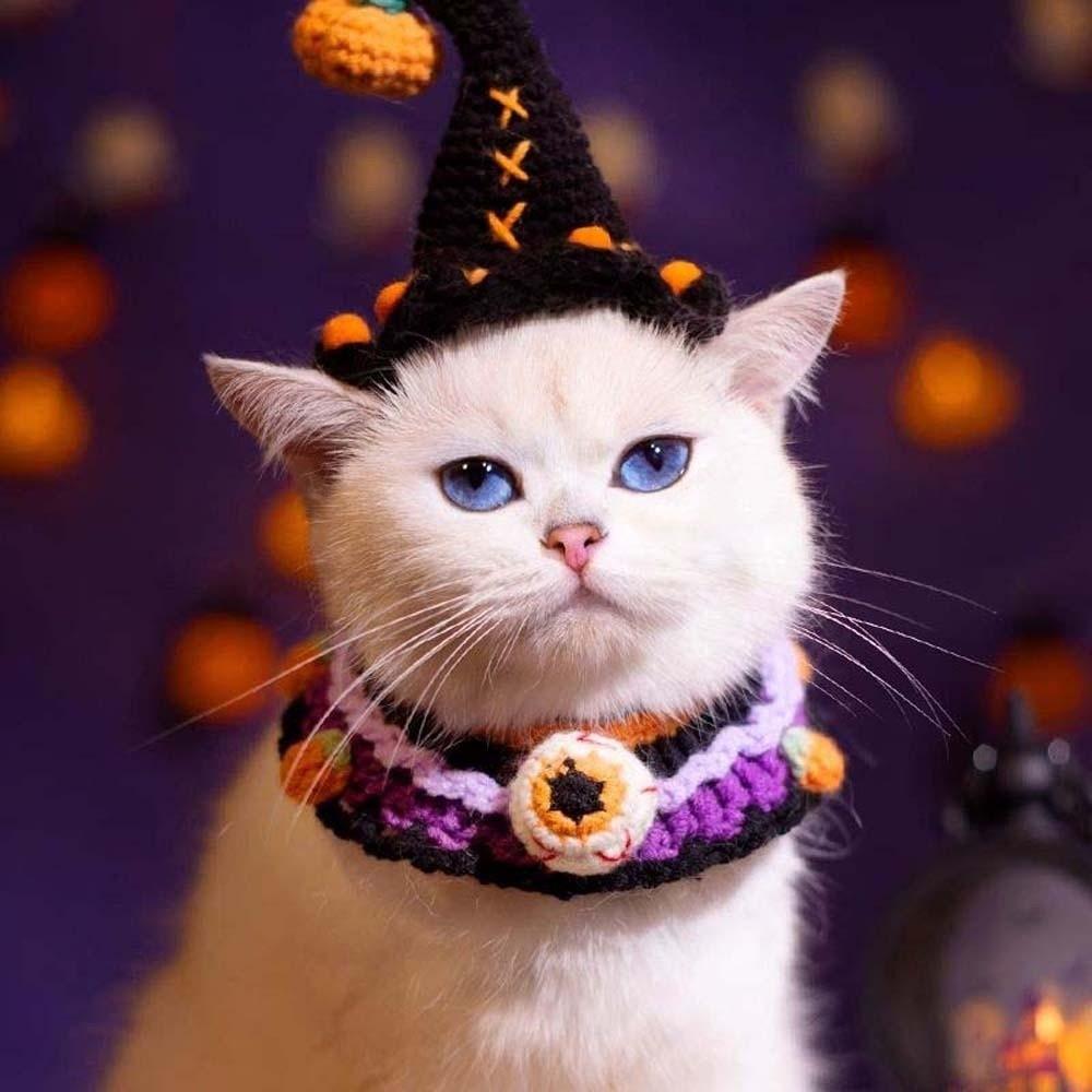 Respirant Halloween Animaux de Compagnie Costumes Vêtements Citrouille Halloween Chat Coiffure Dessin Animé Creux Chat Chapeau Tissé Bavoir Accessoires pour Animaux de Compagnie