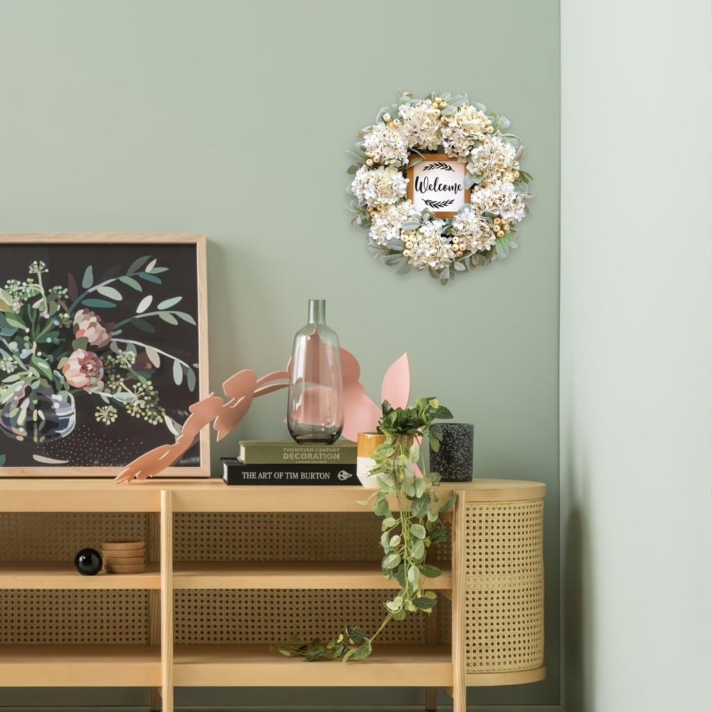 Premium Wedding Hydrangea Wreath Realistic Flowers with White Berries and a Built-in Welcome Sign, Suitable for Front Door
