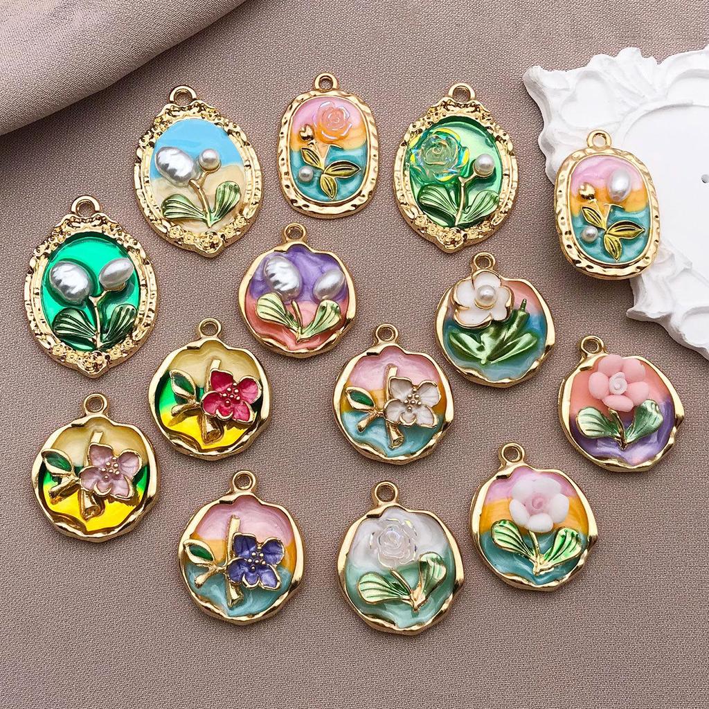 French Retro Luxury Enamel Earrings & Necklace Set: Monet's Garden Oil Painting Flower Design