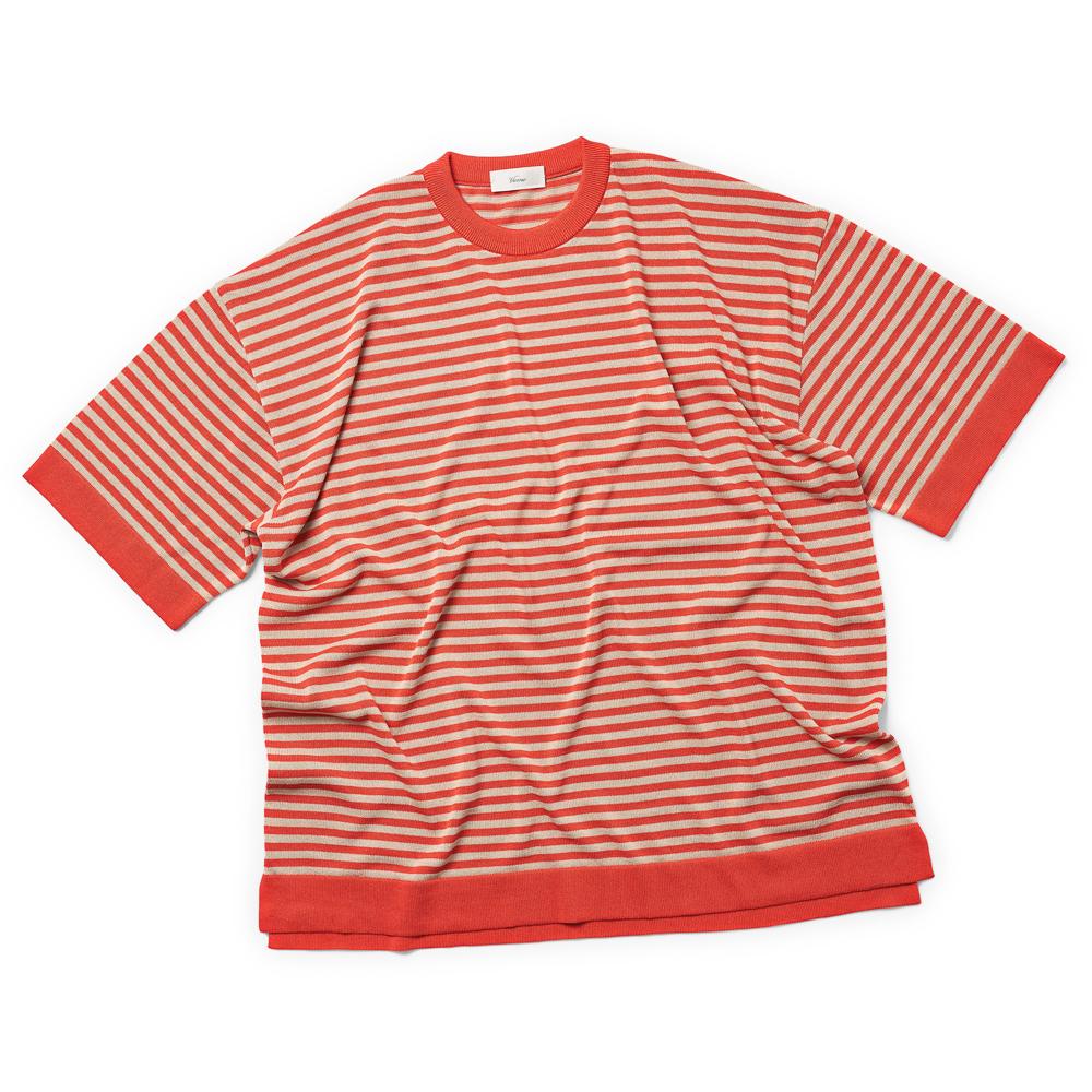 Berno [Casual] Linen Like Short Sleeve Stripe Round Knit Orange&Beige L