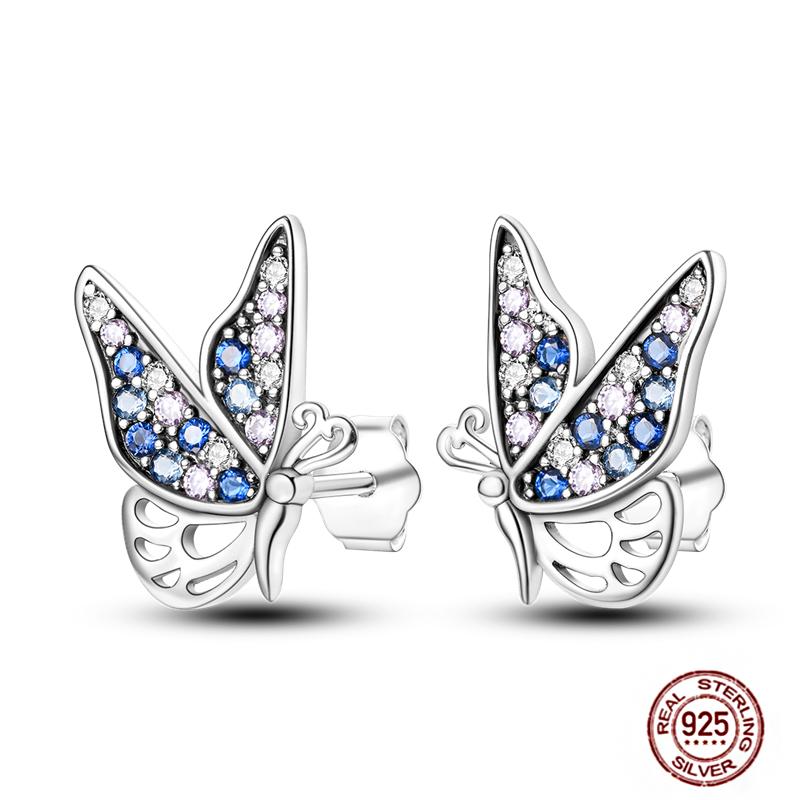 Original Butterfly Hoop Earrings for Women Sparkling Pave Colorful Zircon Blue Pink Purple Heart Wedding Drop Earring