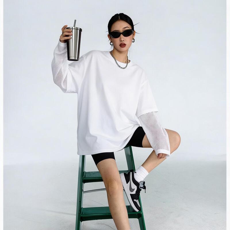 ICH MODE Women s American Retro Faux Two-Piece Long-Sleeve T-Shirt