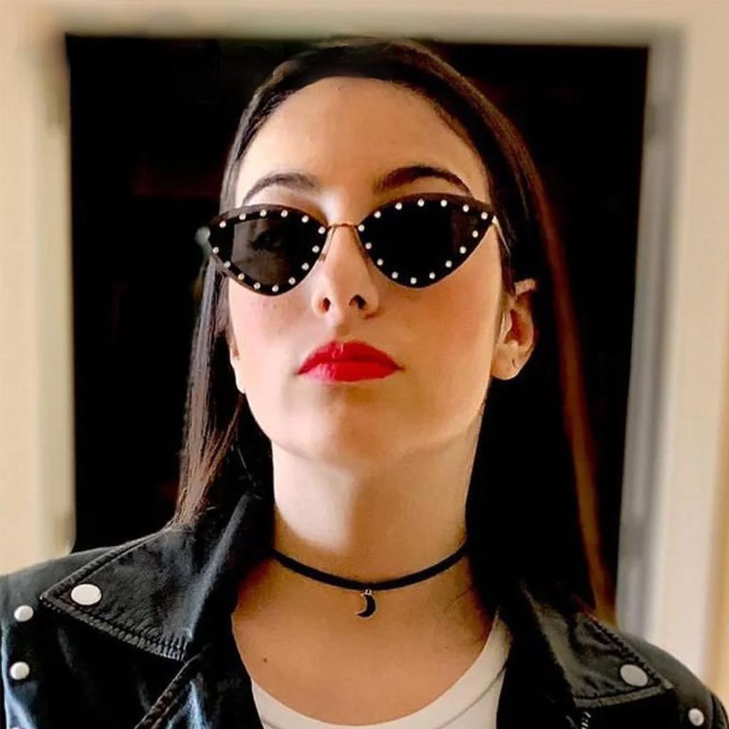  New Triangle Cat Eye Sunglasses Alloy Rimless Crystal Shiny Sun Glasses Female Unique Elegant Green Rhinestone Shades