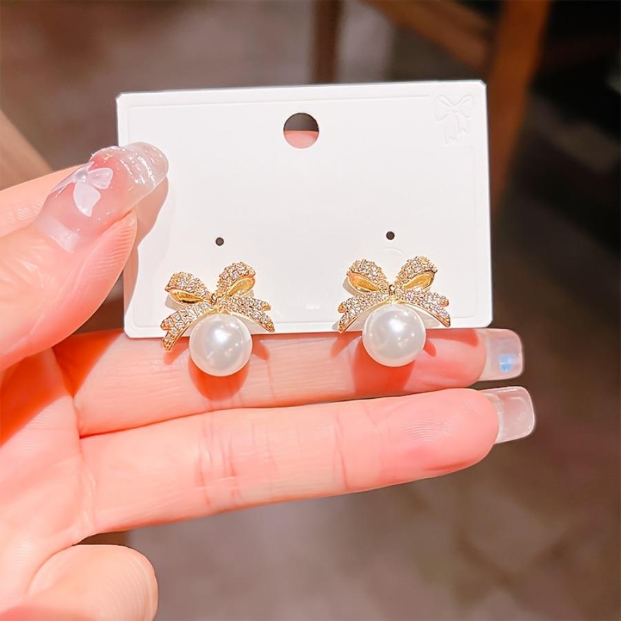Chic And Shiny Faux Pearl Bow Earrings for Women - Luxury Jewelry for Weddings, Parties, Everyday Outings, Vacations, Valentine's Day, Anniversaries