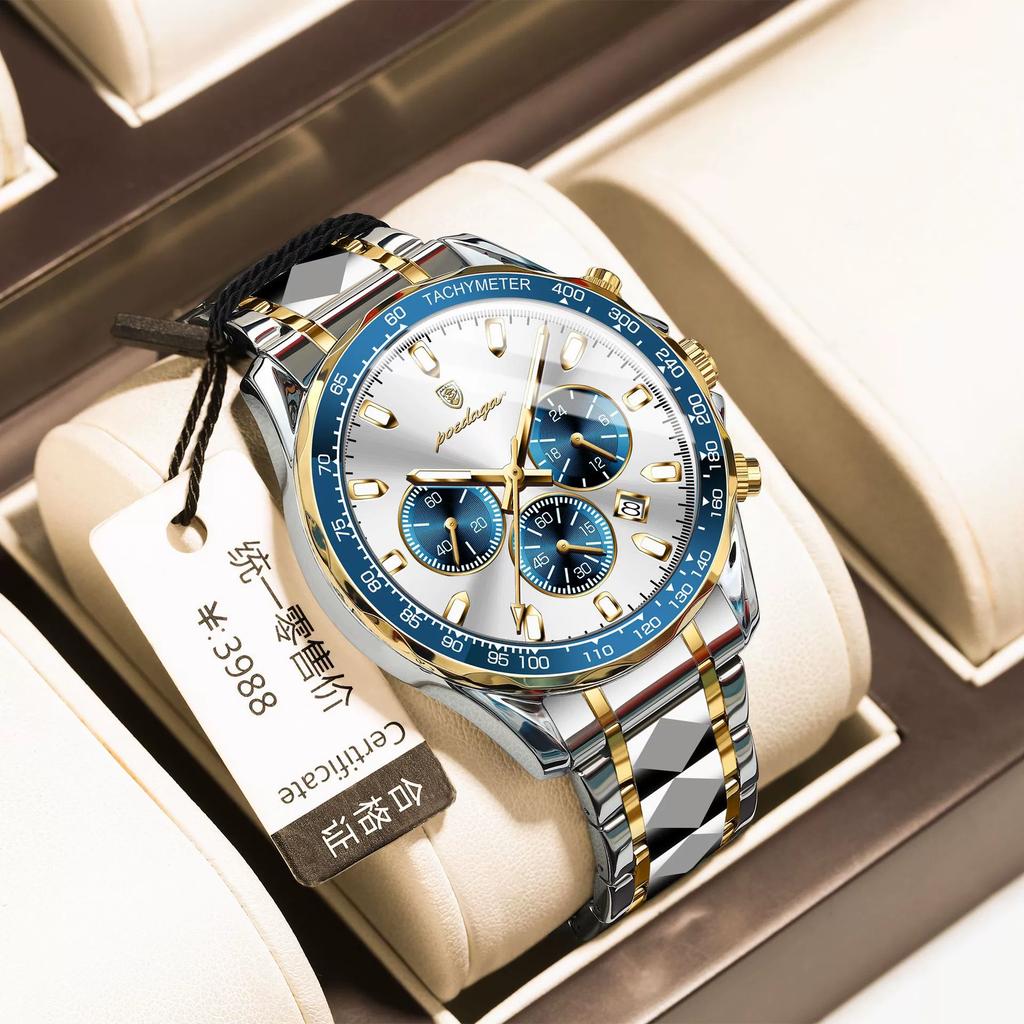 Trendy Technology Multi-function Steel Band Men's Watch Luminous Quartz Watch for Christmas and Halloween Gifts