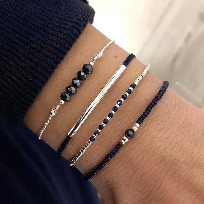 New Ladies Faux Black Crystal Handmade Beaded Bracelet Set of 4