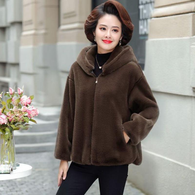 Autumn and Winter New Imitation Mink Velvet Fur Coat Women's Wide Too Hooded Medium and Old Imitation Mink Coat Cotton Coat Large Size
