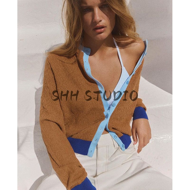 Spring New Women clothes Idle Style Color Matching Cardigan Fashion round Neck Long sleeve Knitted Outerwear 9598082