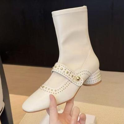 Fashion Luxury Metal Rivet Decoration Design Ankle Boots Women Fashion Square Toe Chunky Boots Comfortable Square Toe Platform Boots