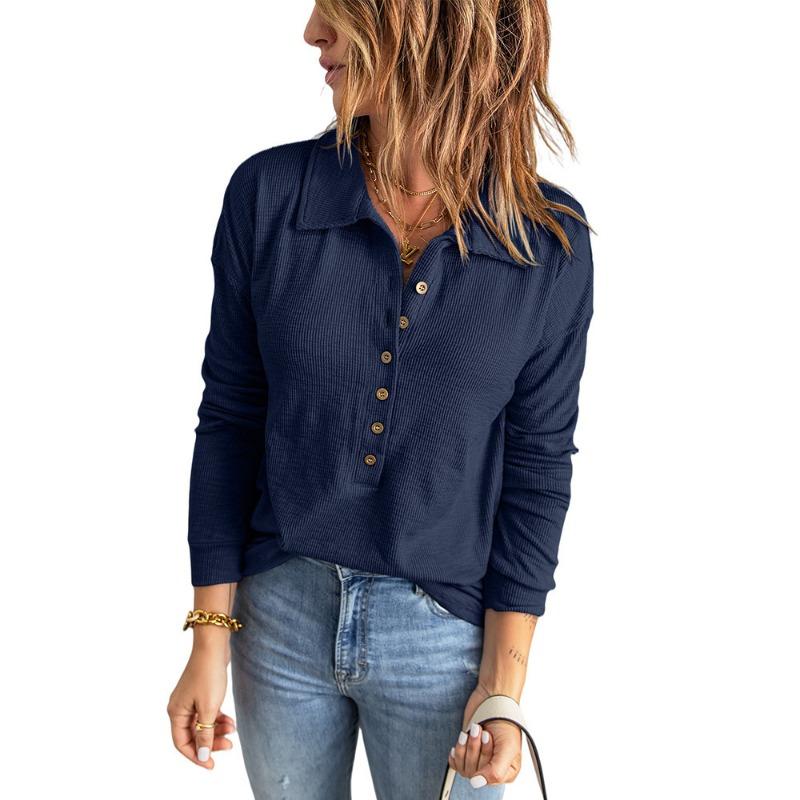 Women's Fashion Casual Spring Autumn Solid Color Print Long Sleeve POLO Neck Blouses & Shirts
