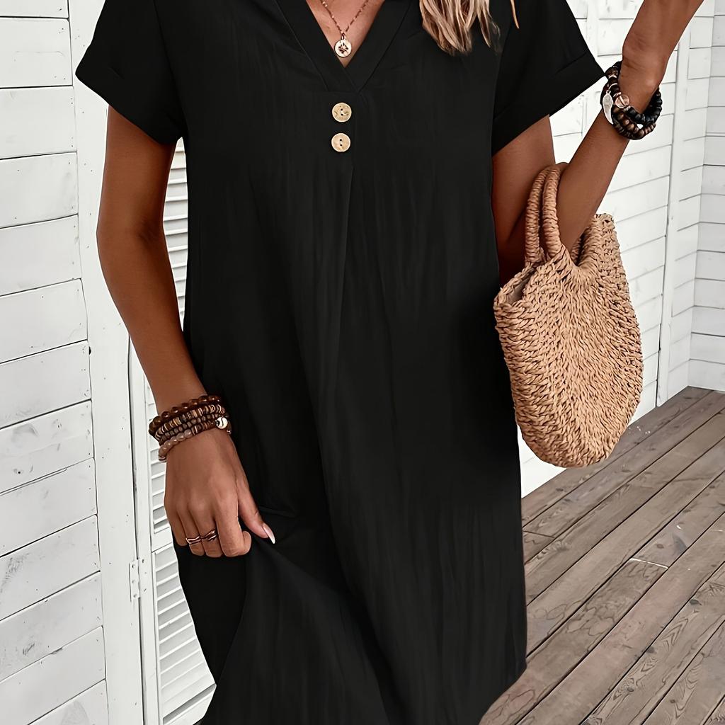 Popular European and American v-neck solid color elegant short-sleeved dress, spring and summer women's clothing