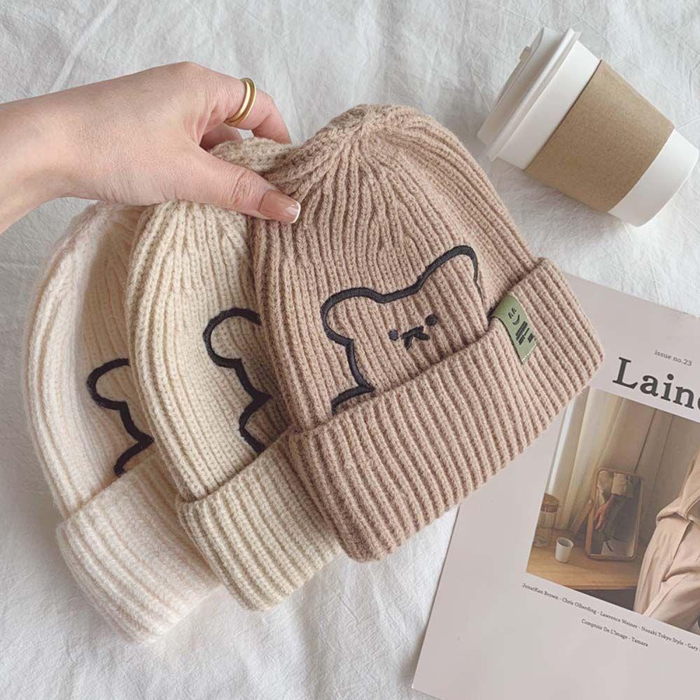 Simple Skullies Stripe Embroidered Bear Winter Women Beanies Knitted Hat Wool Hat Korean Style Caps