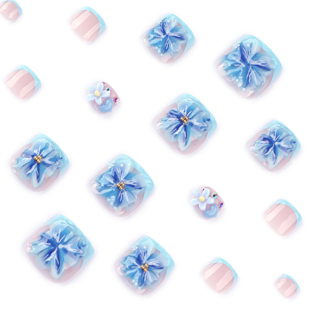 Blue 3D flower foot nail piece, hot-selling in summer, wearing nail toenail piece, French manicure toenail piece
