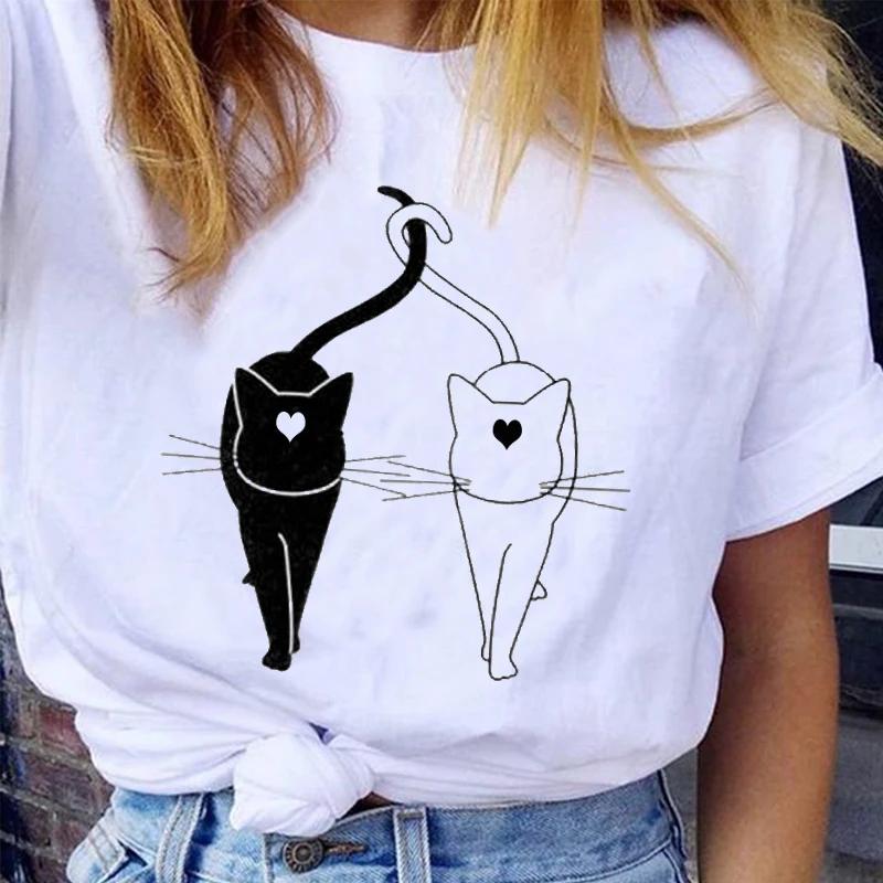 Women Graphic Cartoon Cat Pet Animal Cute 90s Love Short Sleeve Cartoon Lady Cotton T Shirt Vacation Tops Tees Print T-Shirts