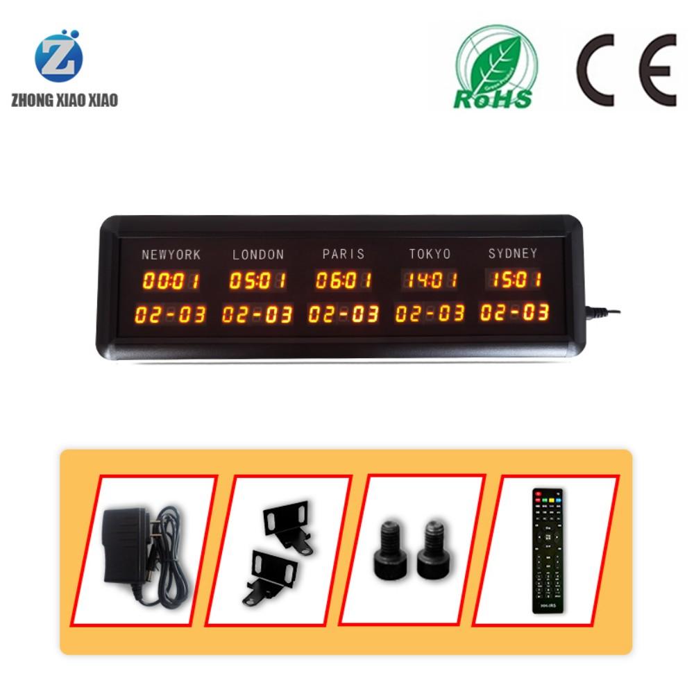 LED Mini Digital World Time Zone 04-Inch Electronic Multi-Zone Square Clock 5 Cities Date Modern Design Office Bedroom Living
