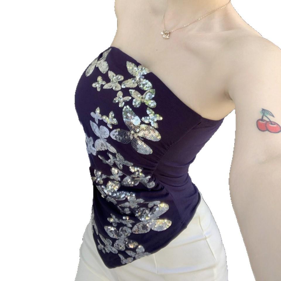 #Summer new pure desire wind bead sheet embroidered tube top slim and thin women's fixed top with chest pad