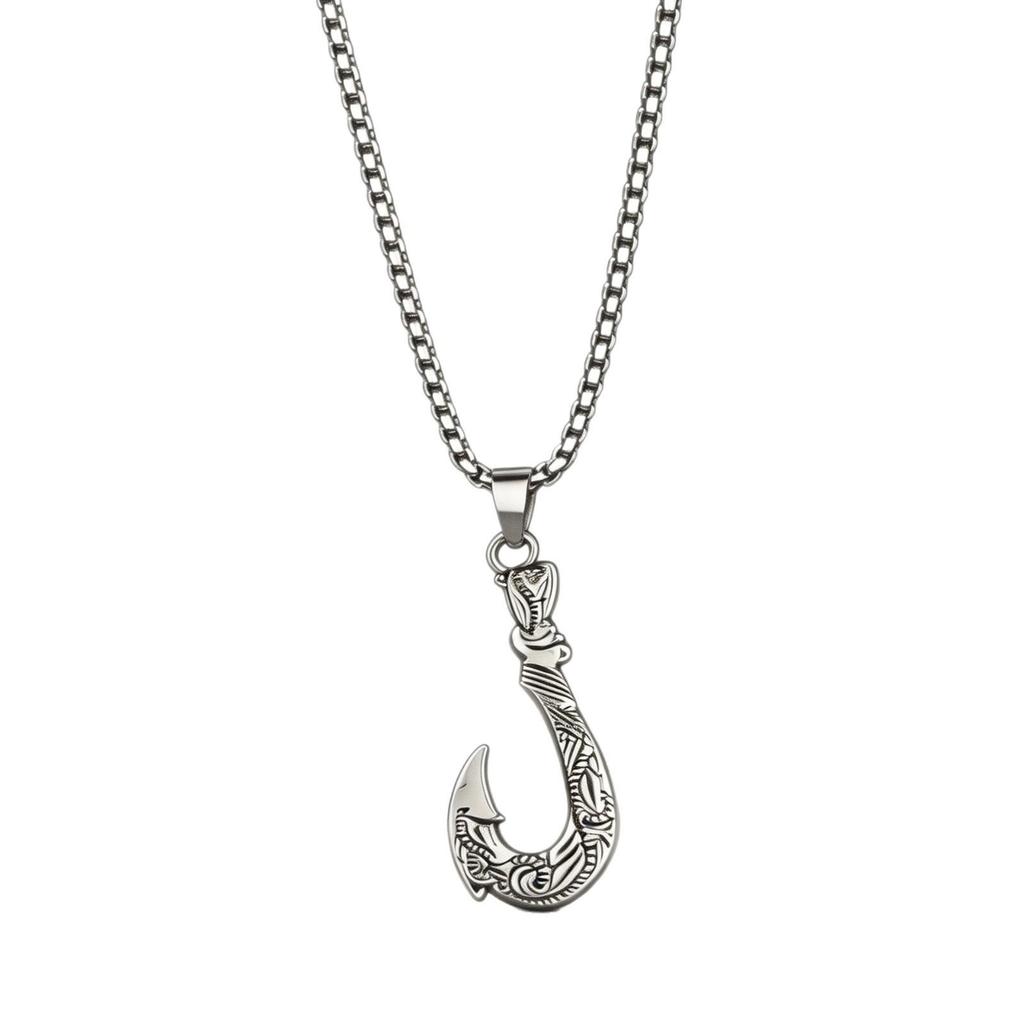 Men's Retro Fish Hook Pendant Necklace with Square Pearl Chain