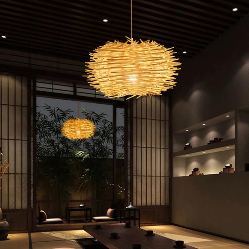 Japanese Bamboo Chandelier Chinese Style Rattan Woven Hanging Light Ceiling Lamp for Home Cafe Bar Decorate Restaurant Lighting