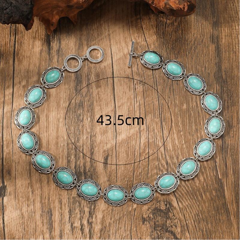 BLINGBAY Women's Chain Necklace Retro Ethnic Style Turquoise Necklace Female Personalized Carving Oval Clavicle Chain Girl Birthday Gift