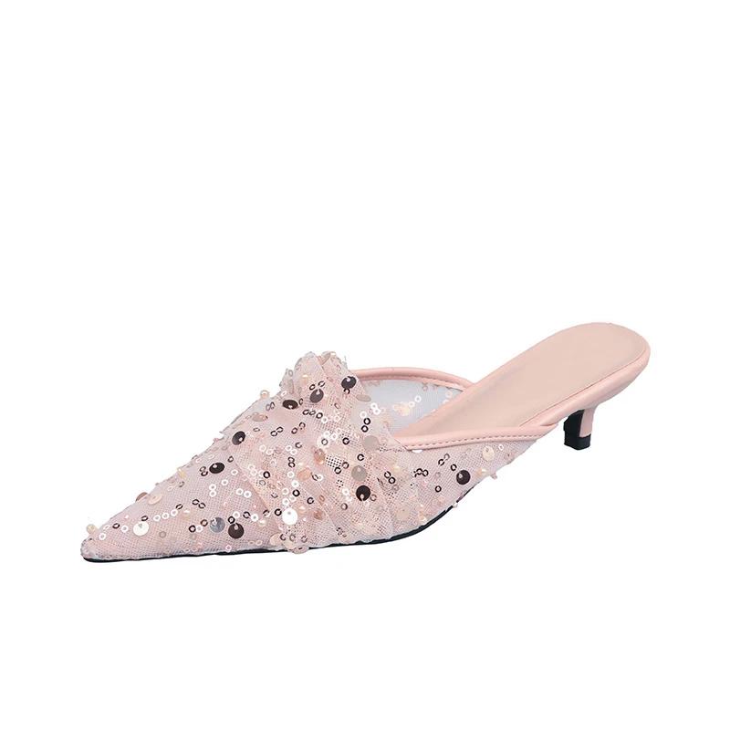 Fashion 2024 Fashion Women's Shoes Baotou Women's Slippers High Quality Sequins Dress Slippers Women Sexy Pointed Toe Heels Womenzapatos