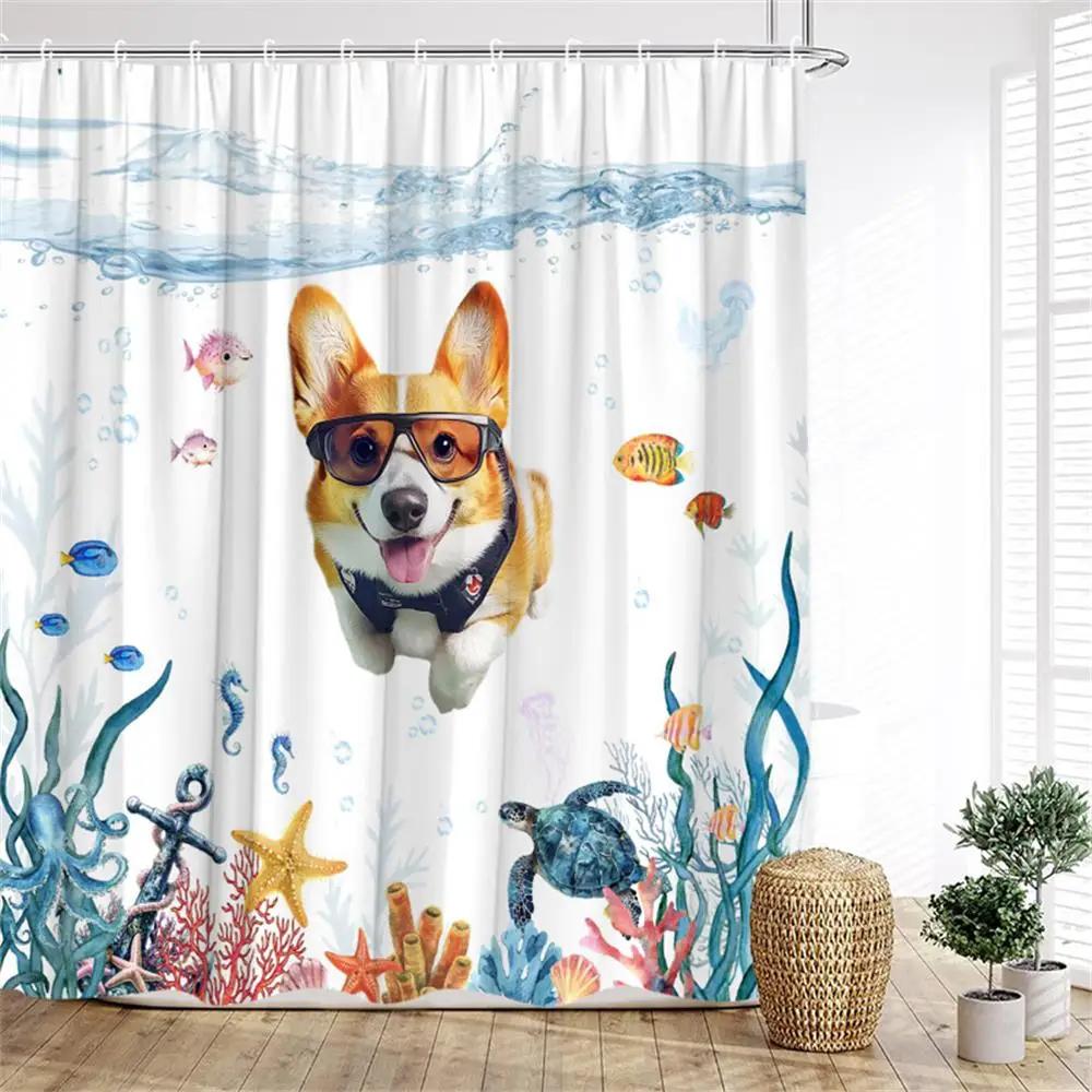 Rideau de douche amusant avec chat et chien plongeurs, animaux mignons de dessin animé, tortue de mer, paysage sous-marin, décoration pour salle de bain d'enfants.