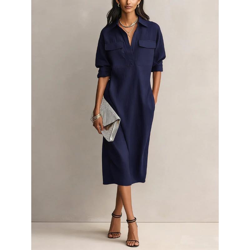 QICED Fashion Summer Spring Solid Color Print V-Neck Casual Dresses