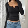 Ladies Autumn Winter Long Sleeve Square Collar Button Solid Color Slim Fit Pullover T Shirt Top