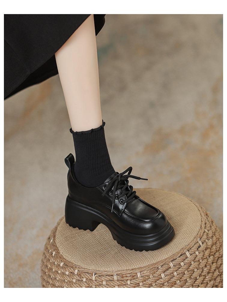 Women's Genuine Leather Thick-Soled Lace-Up Loafers, High-Heeled, British Style, Autumn/Winter 2024.