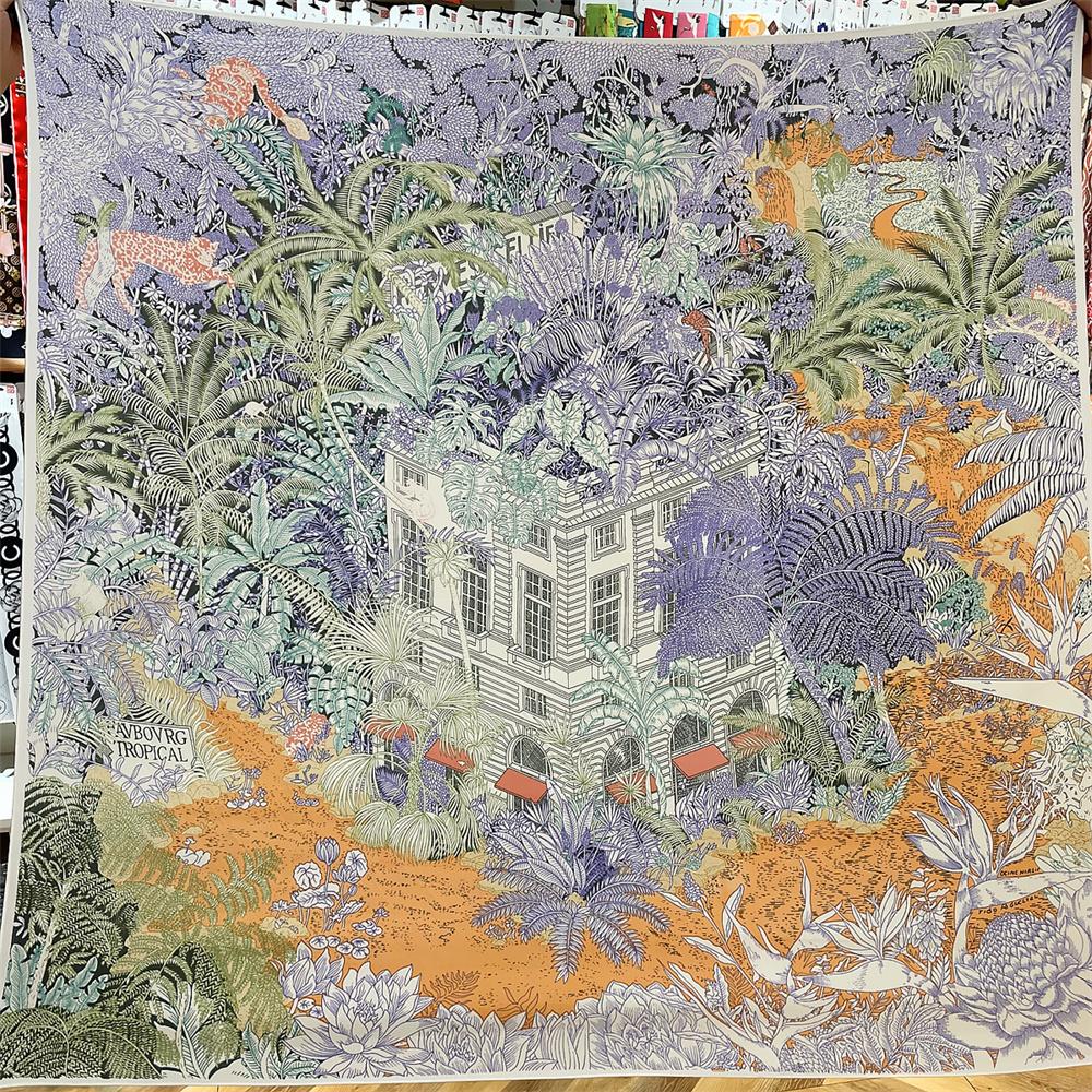 

POBING Silk Cashmere Scarf Women Hand Rolled Shawls Forest Print Square Scarves Wraps Lady Bandana Big Hijabs Female Foulards 135CM x 135CM