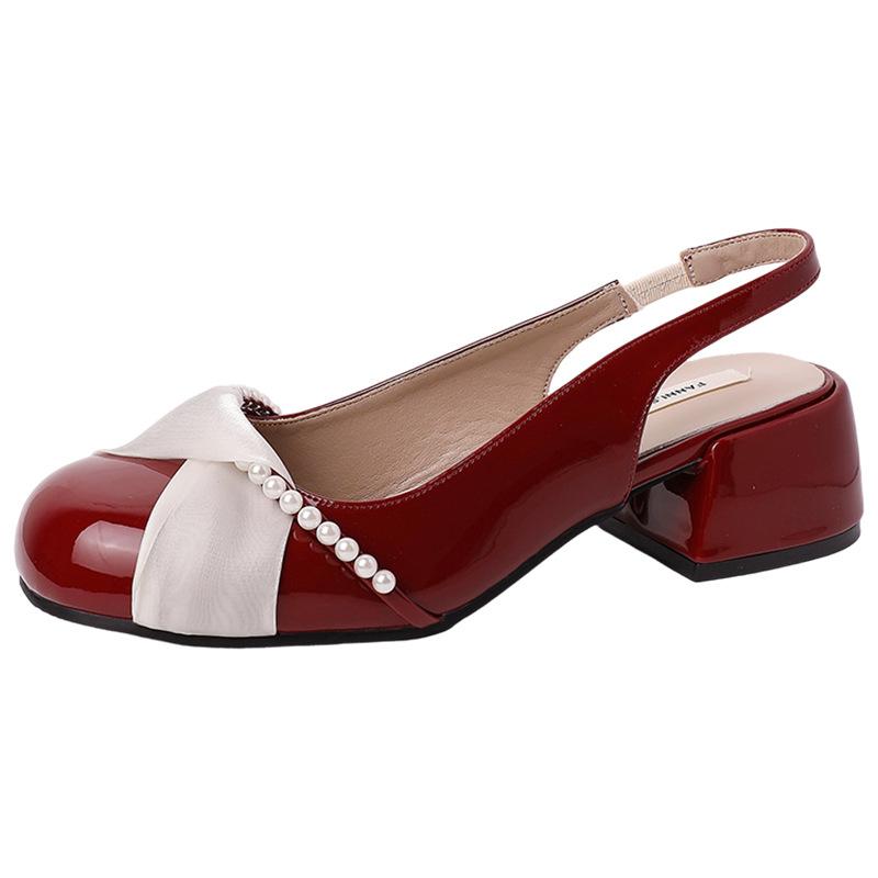 Vintage Pearl Kink Thick Heel Baotou Sandals Fairy Single Shoes with Skirt Mary Jane Shoes