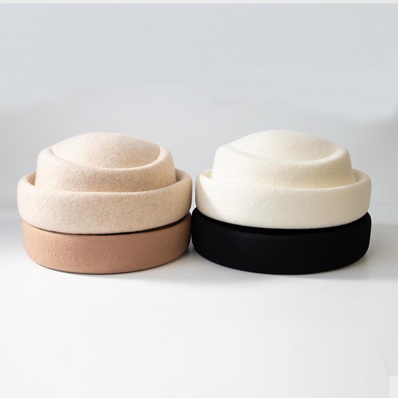New 100% Wool Beret Women Winter Hat Felt Fedora Fascinator Hats Wedding Party Pillbox Stewardess Church Hat Elegant Cap Female
