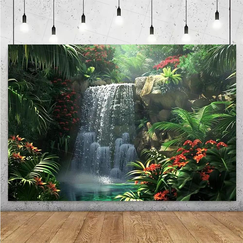 Forest Waterfall Wonderland Backdrop Supplies Rainforest Natural Scenery Background Banner Wall Party Decor Photography Props