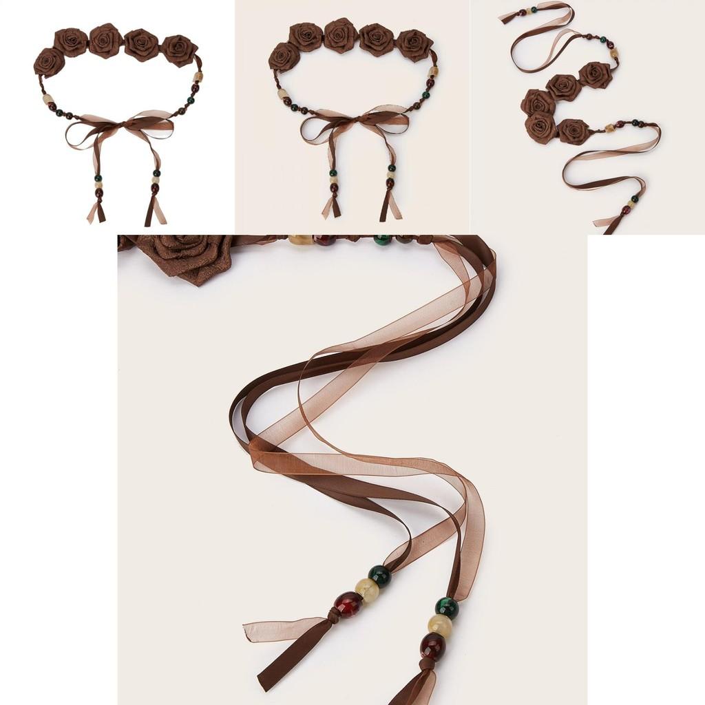 Ethnic Style Skinny Waist Band With Fabric Flower Decor For Boho Dresses
