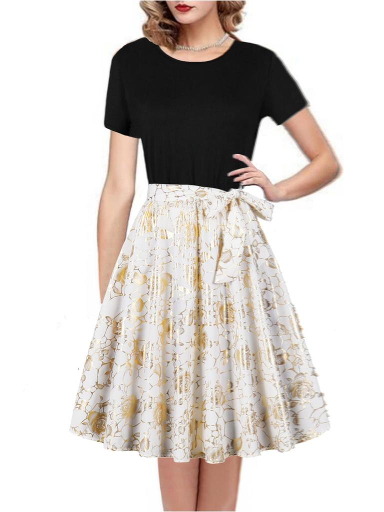 Round Neck Short-Sleeve Printed Dress