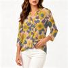Women's Vintage Floral Print Button Front Henley Collar Shirt Three Quarter Sleeve Lightweight Cotton Linen Blouse
