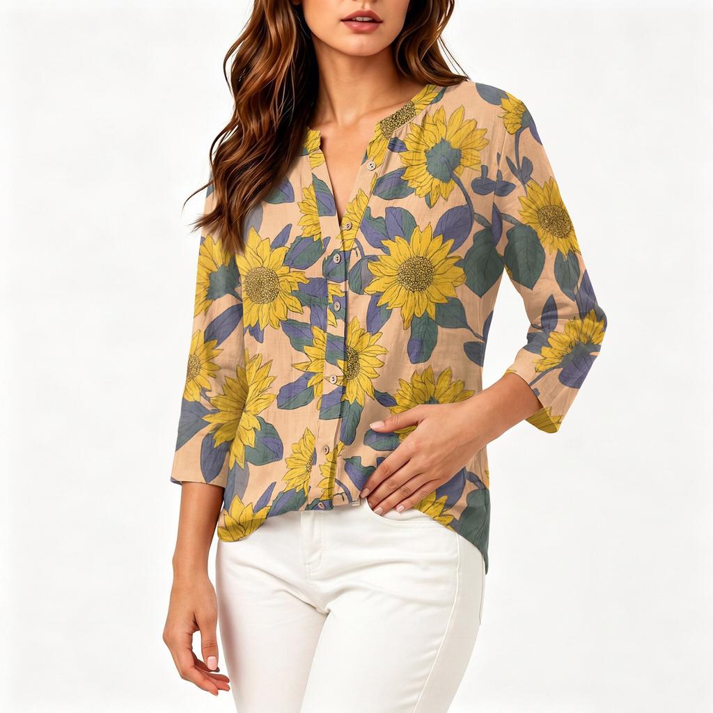 Women's Vintage Floral Print Button Front Henley Collar Shirt Three Quarter Sleeve Lightweight Cotton Linen Blouse