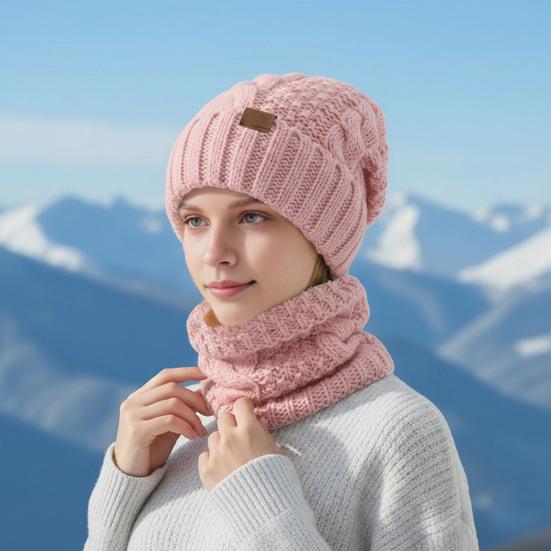 Conjunto de Chapéu e Cachecol Feminino 2 Peças/Conjunto Cor Sólida Textura Torcida Quente Térmico Tricotado Chapéu Cachecol de Pescoço Conjunto Acessórios de Inverno para Exterior