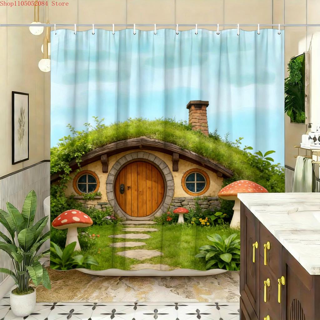 Whimsical Candy House & Gnomes with Lollipops Waterproof Shower Curtain for Bathroom Decor