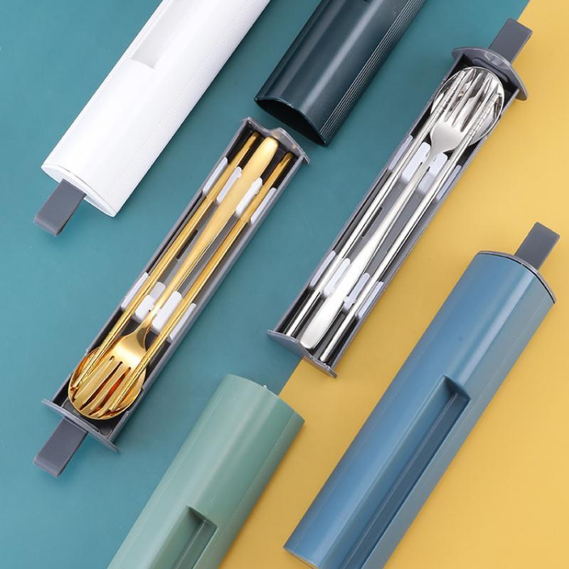 304 Stainless Steel Spoon Fork Chopsticks Cutlery Set Portable Dinnerware Kit Lunch Tableware with Box Travel Kitchen Accessories