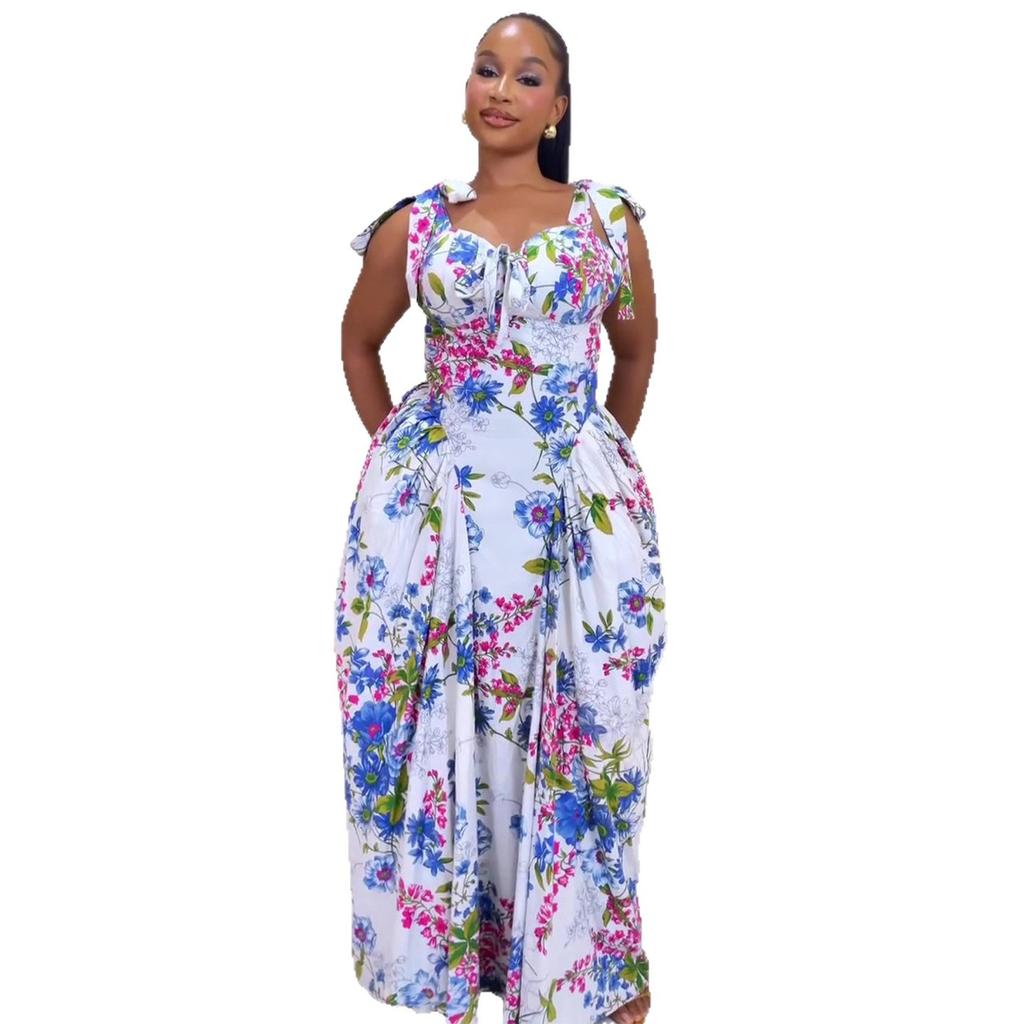 European and American Summer New African Sweet Style Bow Suspender Print High Waist Dress