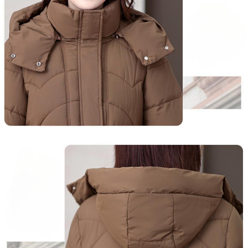 Módní péřová bunda pro ženy střední délky stylová zeštíhlující zesílená teplá zimní bunda