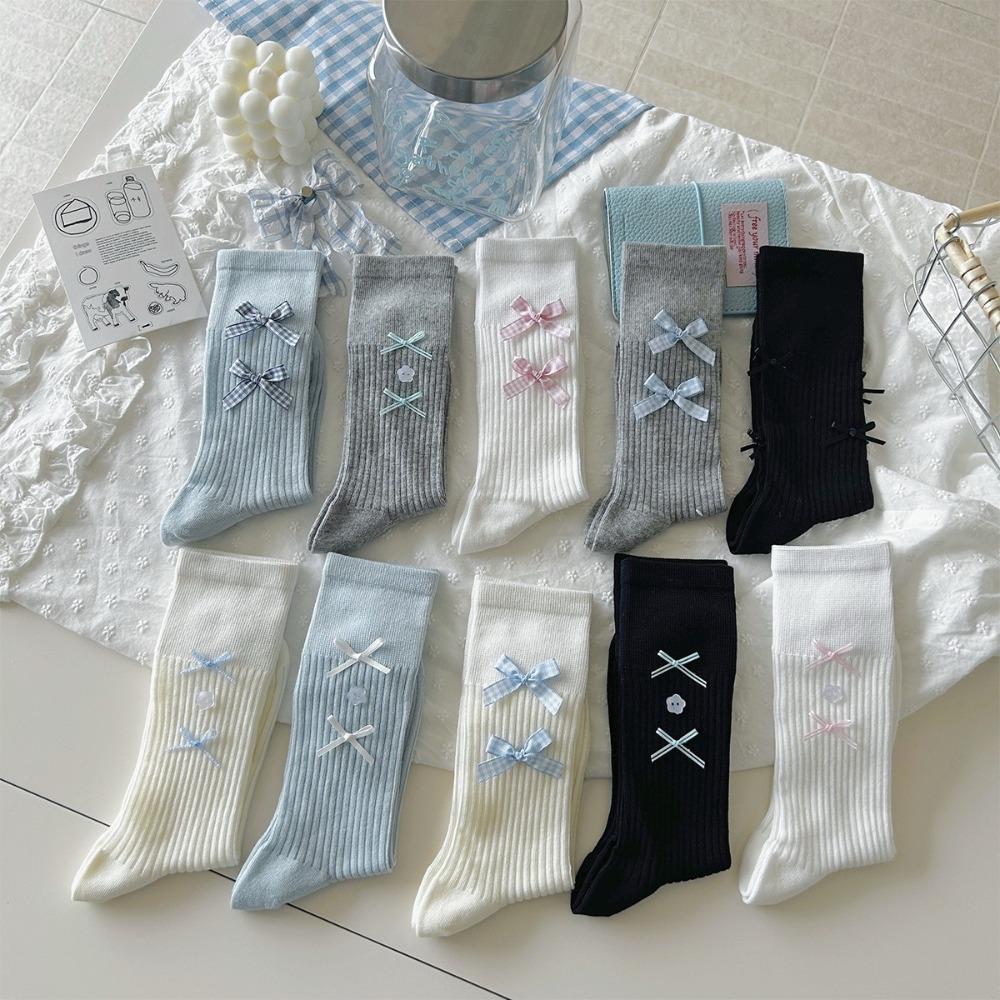 Ballet Style Solid Color Bow Mid Tube Socks Summer Cotton Lightweight Breathable Fashionable Soft Comfortable Casual Women Socks