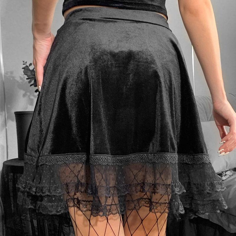 Gothic Vintage Black Lace Velvet Skirt High Waist A Line Sexy Mini Skirts