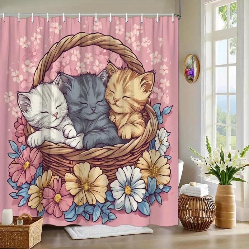 

~O~Шторка для душа Спящие котята - Дизайн Цветочная корзина , Мягкий розовый полиэстер, 70,8x70,8 дюйма, Очаровательная тематика с кошками, Стирка и долговечность W90XH180cm