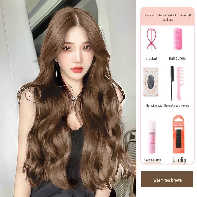 Perruque Longue Ondulée Bouclée Ondulée Naturelle pour Femmes en Brun Thé Chaud